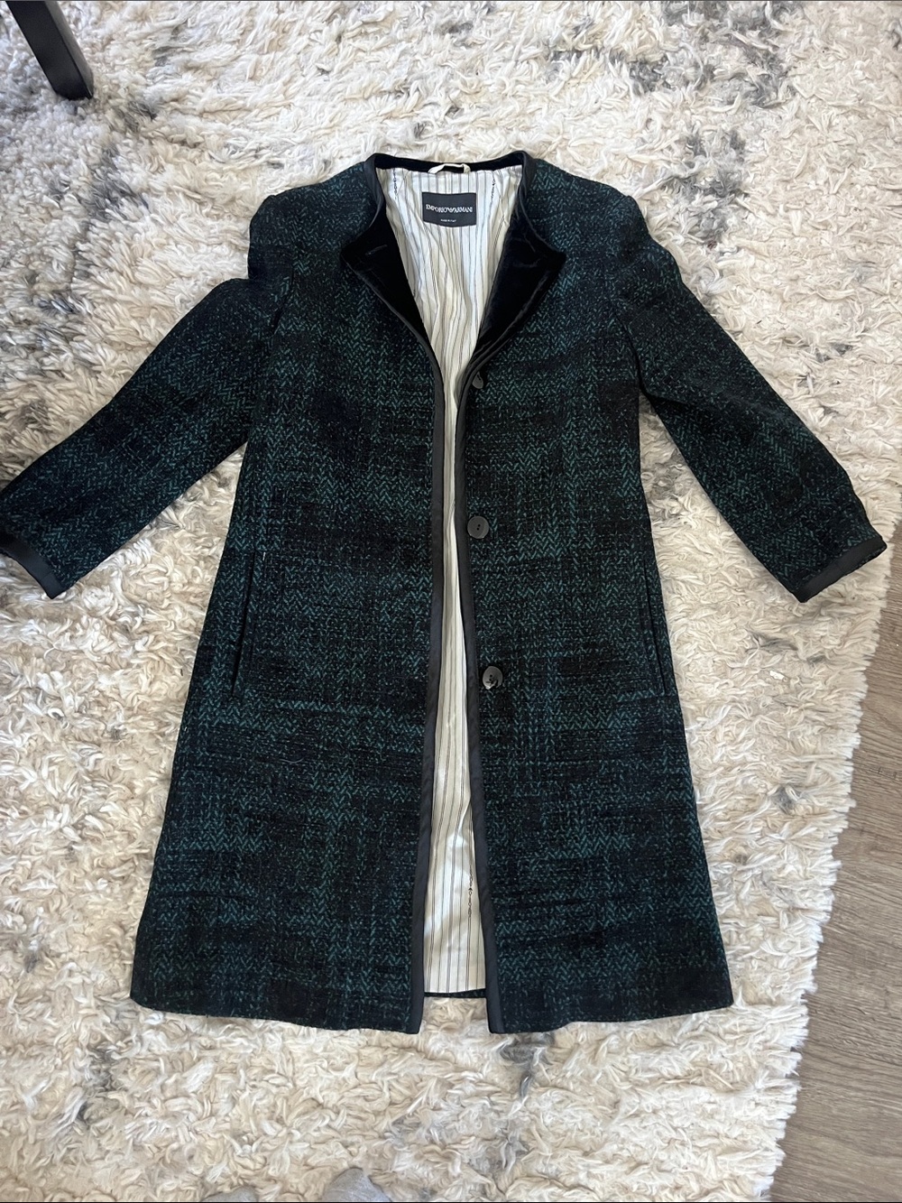 Emporio Armani Dark Green Plaid Wool Trench Coat with Velvet Trim sz 6